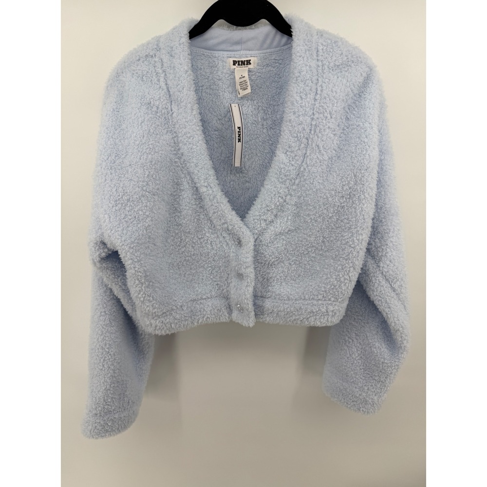 Victoria's‎ Secret PINK Light Blue Teddy Fleece Cropped Cardigan Sweater M NWT